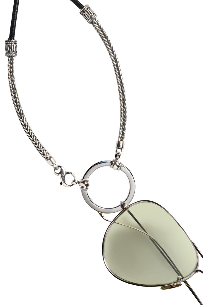 487 Black Leather and Sterling Silver Balinese Chain